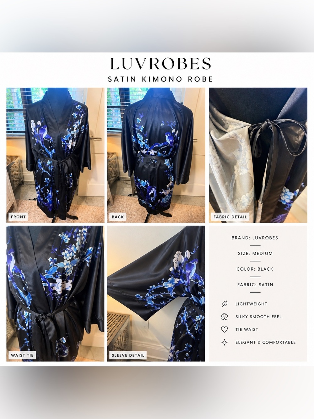 Luvrobes Black Satin Floral Bird Kimono Robe | Blue Print | Tie Waist | Size M